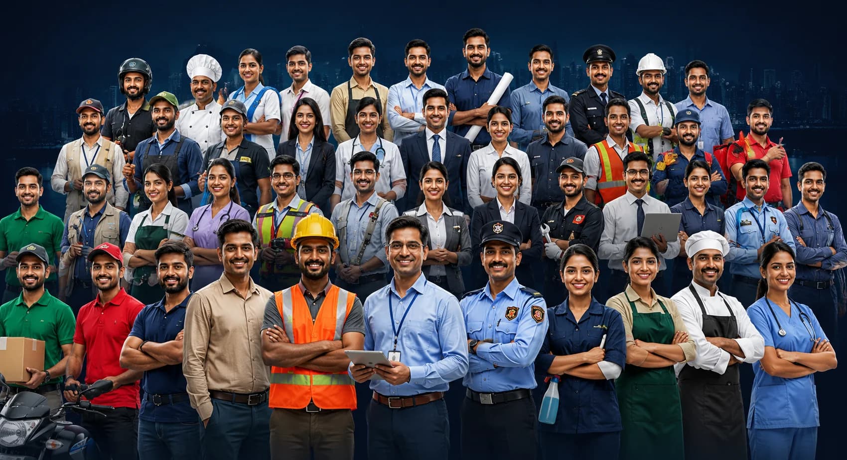 Workers from across India — delivery riders, drivers, cooks, housekeeping staff, security guards, electricians, technicians, nurses, retail and office staff — standing together.